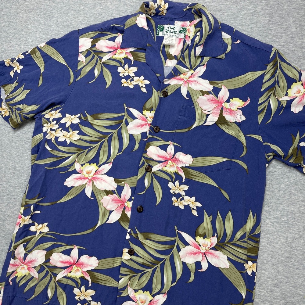 Two Palms Button-down Mens S Small Blue Floral Orchid Aloha Hawaiian EUC
